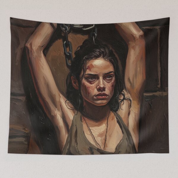 Item preview, Woman in a dungeon with her arms chained above her head vintage Expressionist painting art designed and sold by Vintage Designs +.