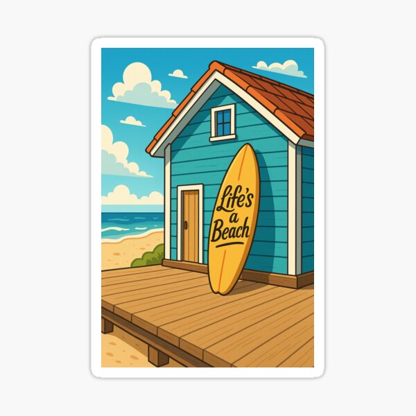 Item preview, “Life’s a Beach” – Surfboard & Beach House Cartoon Art Print designed and sold by The Salty Sketch.