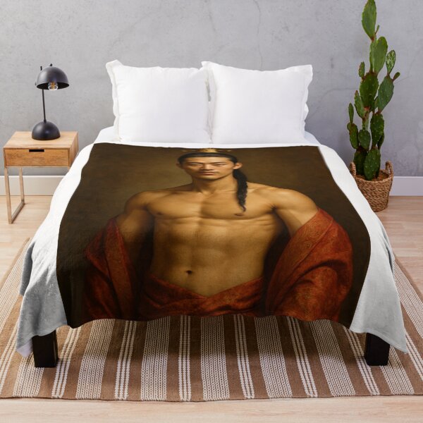 Item preview, Shirtless Asian Handsome Man Crowned Warrior in Red Robe Portrait designed and sold by Places On Earth.