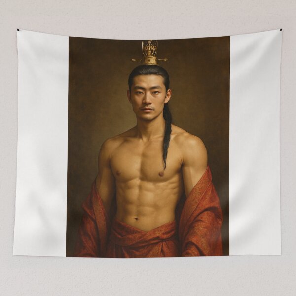 Item preview, Shirtless Asian Handsome Man Crowned Warrior in Red Robe Portrait designed and sold by Places On Earth.
