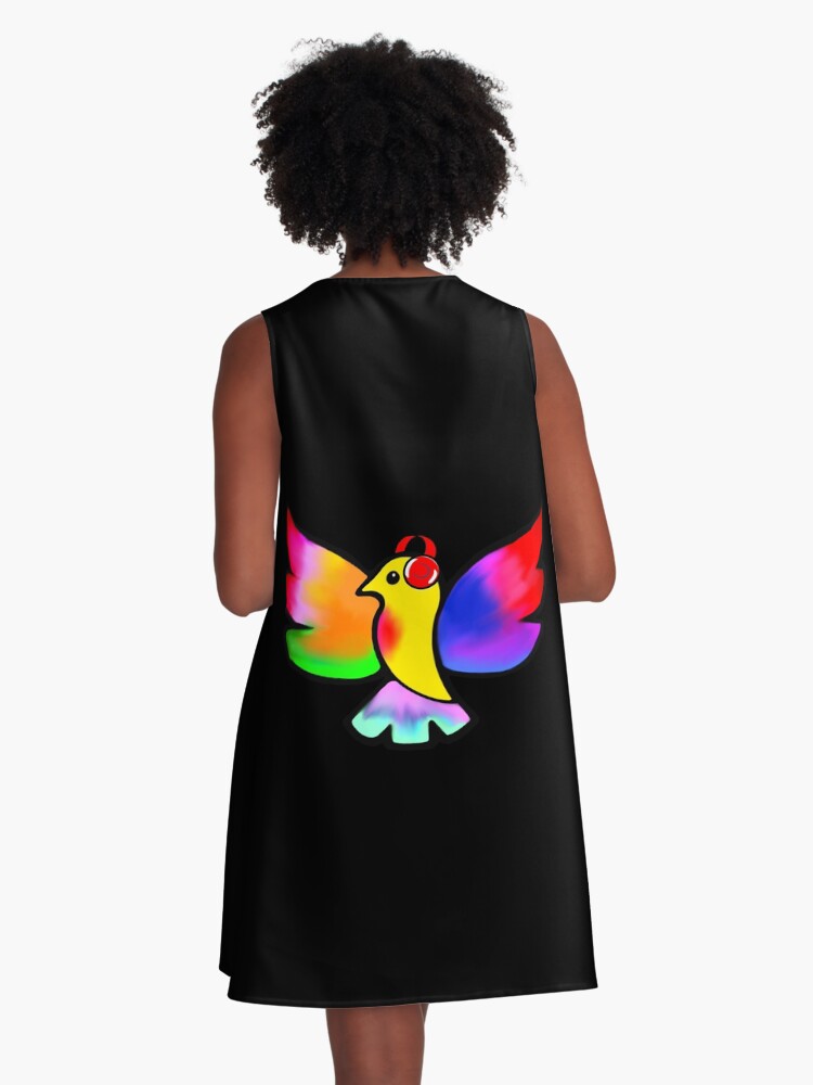 Thumbnail 3 of 4, A-Line Dress, Tale Teller Kids Neurodivergence Logo Rainbow Bird In Headphones designed and sold by taletellerclub.