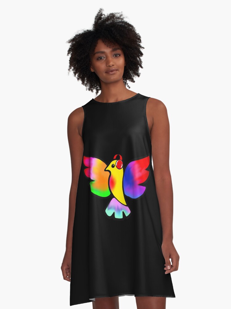 Thumbnail 1 of 4, A-Line Dress, Tale Teller Kids Neurodivergence Logo Rainbow Bird In Headphones designed and sold by taletellerclub.
