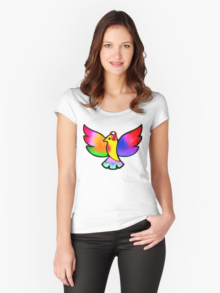 Thumbnail 1 of 3, Fitted Scoop T-Shirt, Tale Teller Kids Neurodivergence Logo Rainbow Bird In Headphones designed and sold by taletellerclub.
