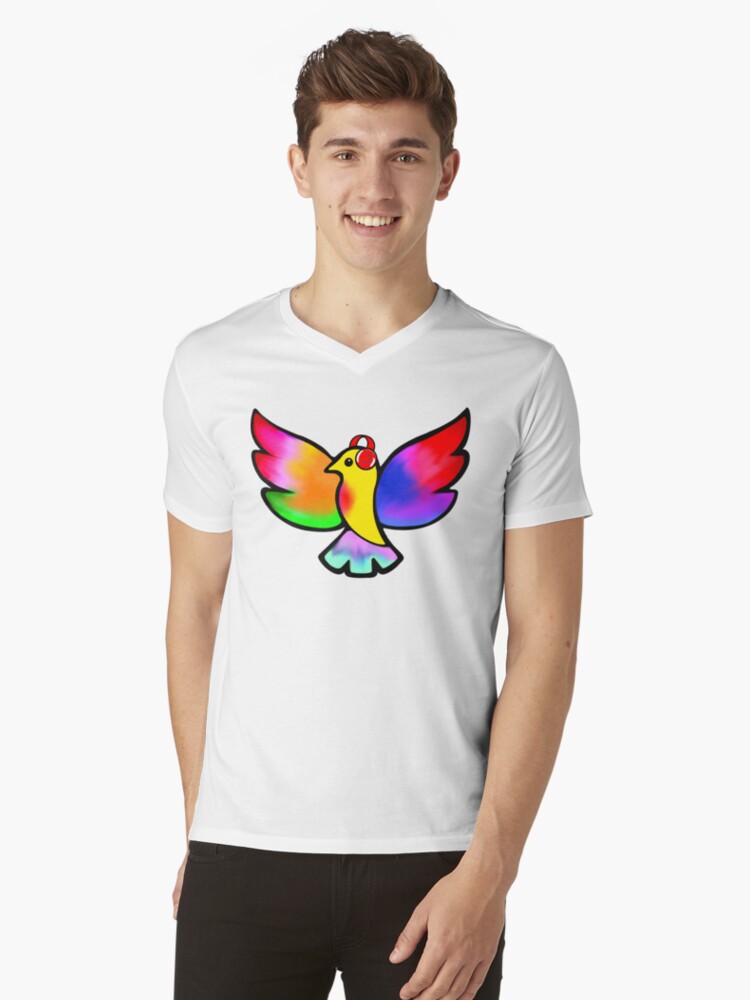 Thumbnail 1 of 3, V-Neck T-Shirt, Tale Teller Kids Neurodivergence Logo Rainbow Bird In Headphones designed and sold by taletellerclub.