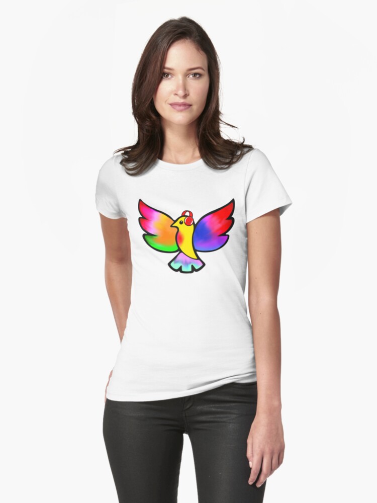 Thumbnail 1 of 3, Fitted T-Shirt, Tale Teller Kids Neurodivergence Logo Rainbow Bird In Headphones designed and sold by taletellerclub.