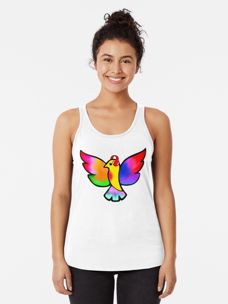 Thumbnail 1 of 3, Racerback Tank Top, Tale Teller Kids Neurodivergence Logo Rainbow Bird In Headphones designed and sold by taletellerclub.