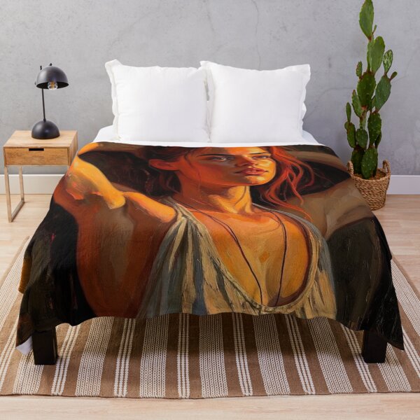 Item preview, Painting of a woman with red hair wearing a white vest resting against a stone wall designed and sold by Vintage Designs +.
