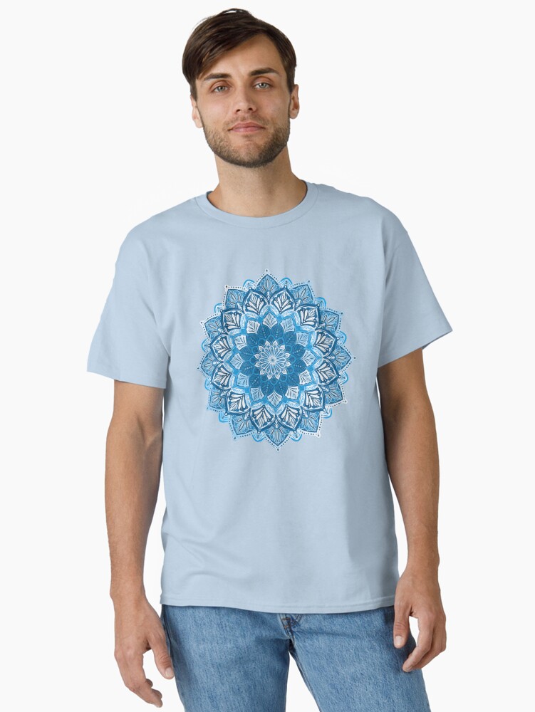 Thumbnail 1 of 7, Classic T-Shirt, Boho Mandala in Monochrome Blue and White designed and sold by micklyn.