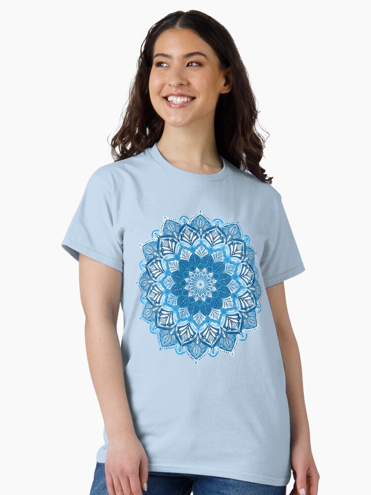 Thumbnail 2 of 7, Classic T-Shirt, Boho Mandala in Monochrome Blue and White designed and sold by micklyn.