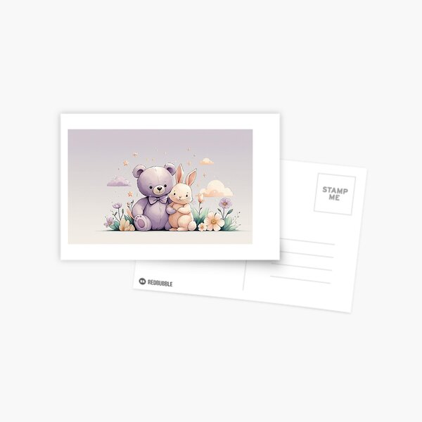 Item preview, Pastel teddy bear and bunny among stars and flowers designed and sold by MOMENTOS Y MAS .