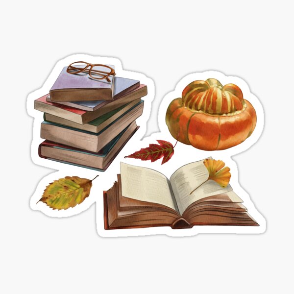 Item preview, Cozy autumn reading setup with books, glasses, and seasonal decorations for a tranquil atmosphere designed and sold by Ms. Iryna.