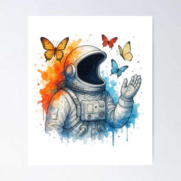 Artikelvorschau, Astronaut lässt Schmetterlinge frei – Surreale Weltraum-Natur-Aquarellkunst entworfen und verkauft von ColorSplash123.