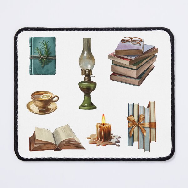 Item preview, Vintage study setup with books, candle, and tea on a rustic table during a cozy evening designed and sold by Ms. Iryna.