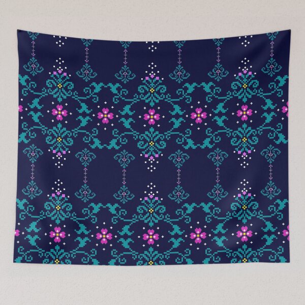 Item preview, Navy Pixel Floral Ethnic Textile Print designed and sold by MNX.