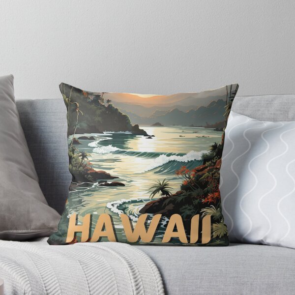 Item preview, Paisaje vintage de atardecer hawaiano: playa tropical con olas y montañas designed and sold by StudioDina.