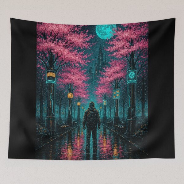 Item preview, Sakura Under Neon Moon – Cyberpunk Park in Neo Tokyo designed and sold by Domci.