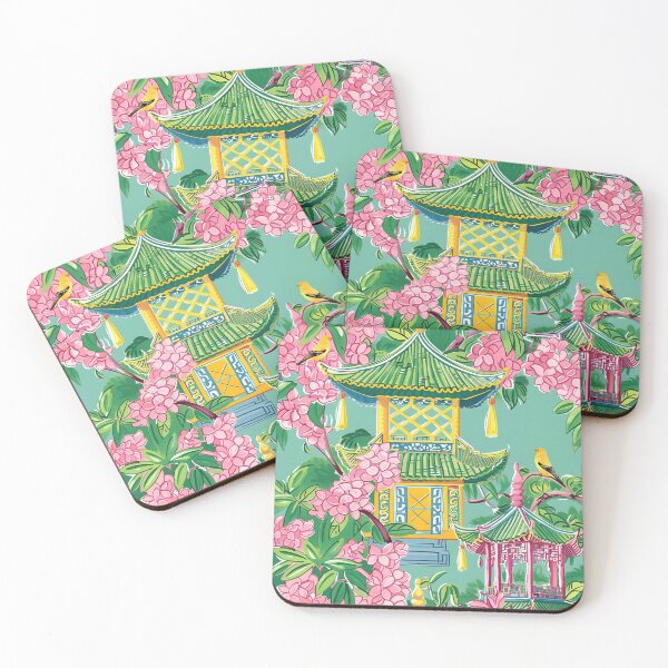 Item preview, Preppy pink chinoiserie pagodas and cherry blossom on green designed and sold by SophieClimaArt.