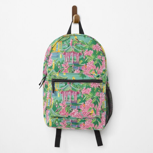 Item preview, Preppy pink chinoiserie pagodas and cherry blossom on green designed and sold by SophieClimaArt.