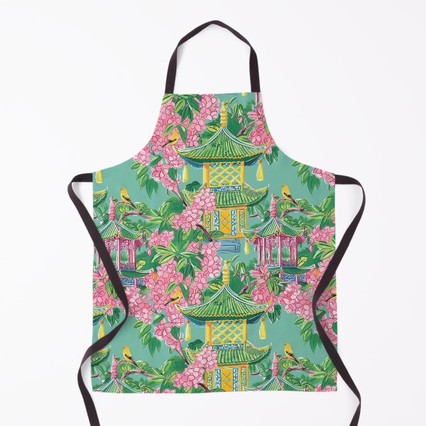 Item preview, Preppy pink chinoiserie pagodas and cherry blossom on green designed and sold by SophieClimaArt.