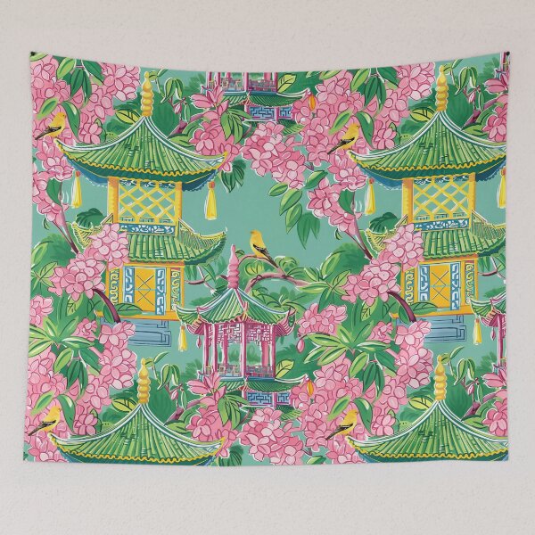 Item preview, Preppy pink chinoiserie pagodas and cherry blossom on green designed and sold by SophieClimaArt.