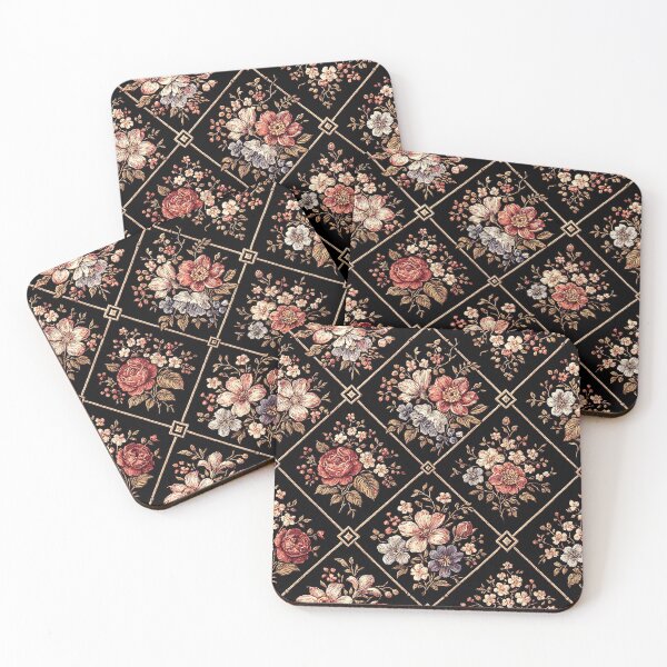 Item preview, Vintage Floral Embroidery on Black Diamond Grid designed and sold by SUNAGIMO9999.