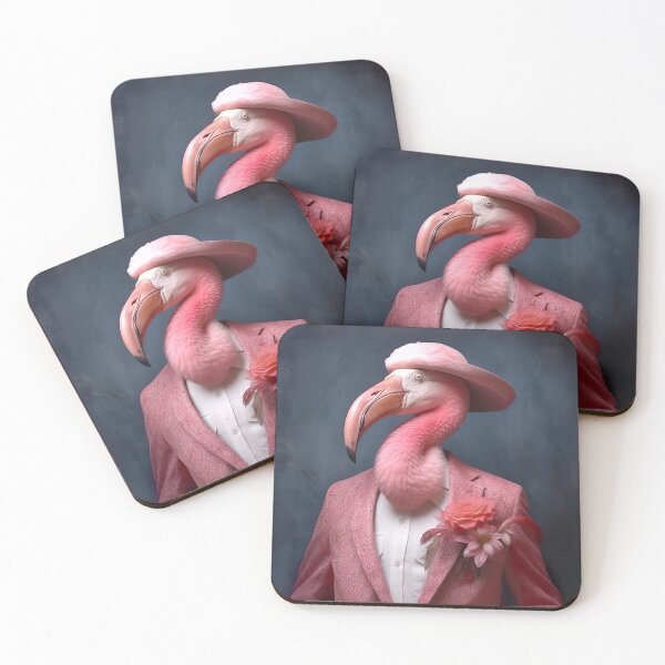 Item preview, Pink flamingo in a jacket with a hat, exotic birds, dark pink and dark beige. Half man half tropical flamingo. Illustration	 designed and sold by StudioDina.