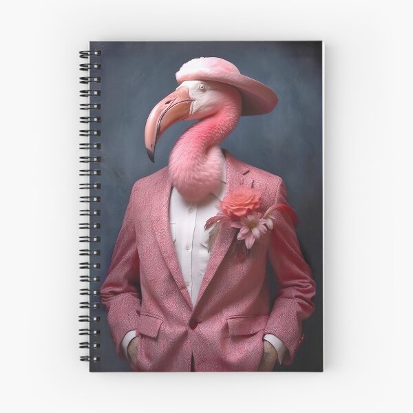Item preview, Pink flamingo in a jacket with a hat, exotic birds, dark pink and dark beige. Half man half tropical flamingo. Illustration designed and sold by StudioDina.