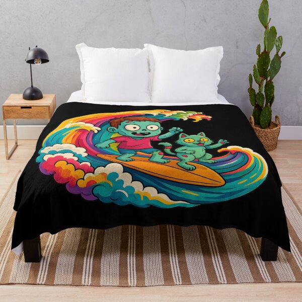 Item preview, Funny Zombie Surfer Kid and Cat on Rainbow Wave Tee  designed and sold by DrawHandArt.