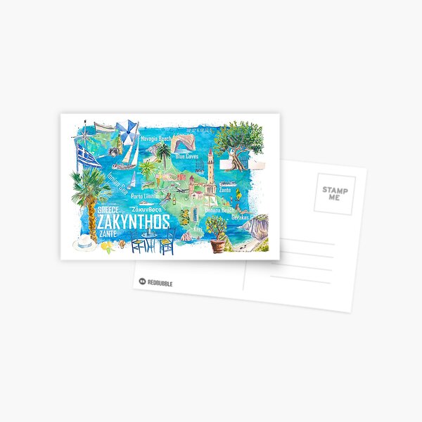 Item preview, Zakynthos Zante Illustrated Greece Island Travel Map in Ionian Sea with Roads and Tourist Highlights designed and sold by artshop77.