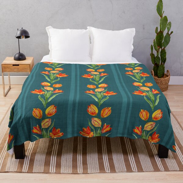 Item preview, Watercolor Painterly Orange French Tulips with Linen Texture Teal Green Dark designed and sold by JasmineGDesigns.