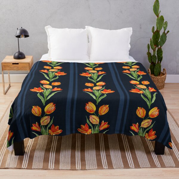 Item preview, Watercolor Painterly Orange French Tulips with Linen Texture Indigo Blue designed and sold by JasmineGDesigns.