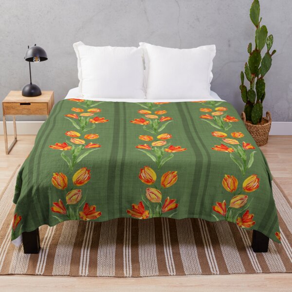Item preview, Watercolor Painterly Orange French Tulips with Linen Texture Olive Green designed and sold by JasmineGDesigns.