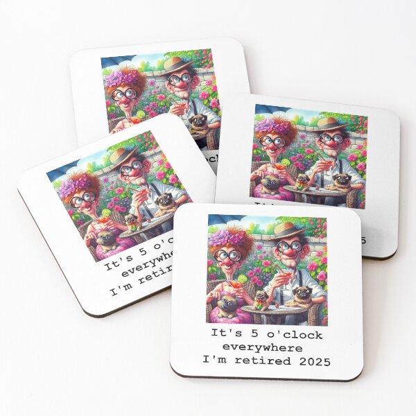 Item preview, Funny Retired Couple with Pugs Enjoying Cocktails in Garden Gifts designed and sold by Maniutek.