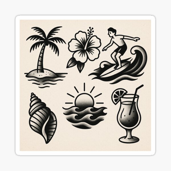 Item preview, Beachy tattoo flash designed and sold by Moth.m1lk.