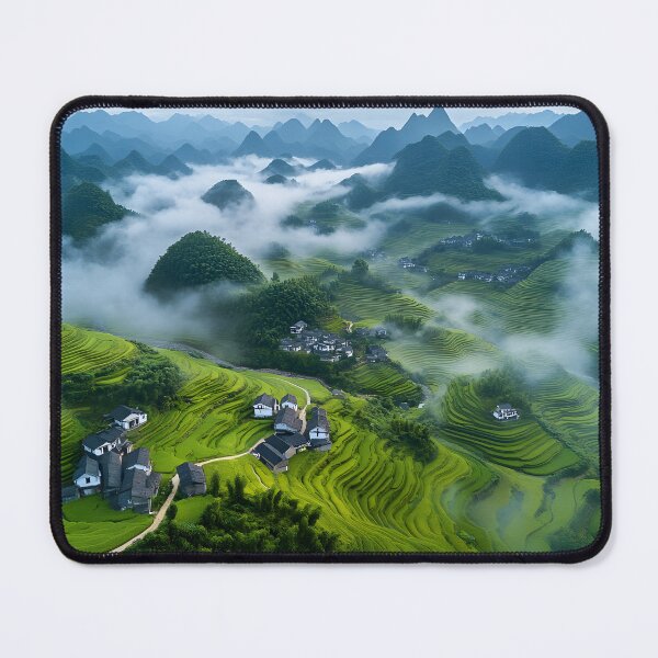 Item preview, Lush Green Terraced Fields in Misty Mountainscape designed and sold by Artessie.