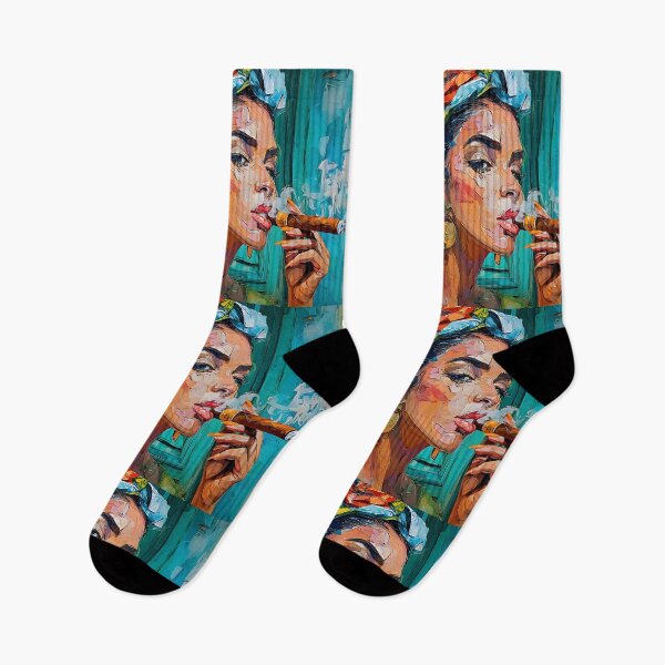 Item preview, Havana Muse in Colorful Headscarf - Woman Smoking Cigar in a Bold Abstract Caribbean Dream designed and sold by OlfactoART Studio.
