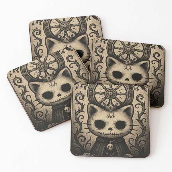 Item preview, Hello Kitty: Wheel of Fortune tarot card with a skeletal kitten wearing a crown designed and sold by art-emissa.