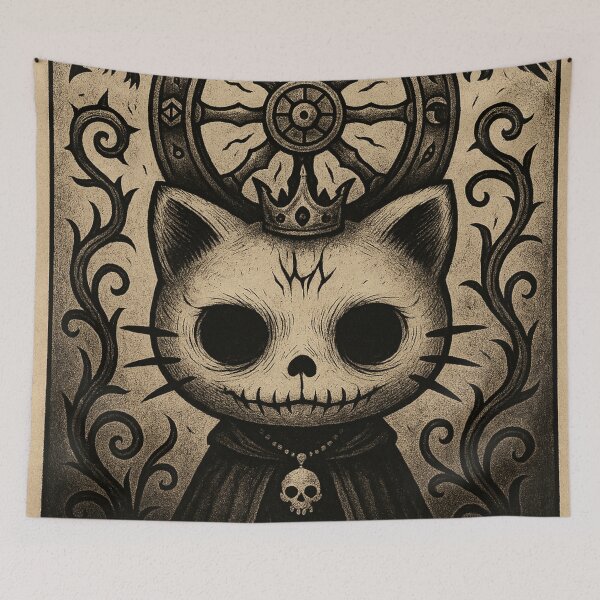 Item preview, Hello Kitty: Wheel of Fortune tarot card with a skeletal kitten wearing a crown designed and sold by art-emissa.