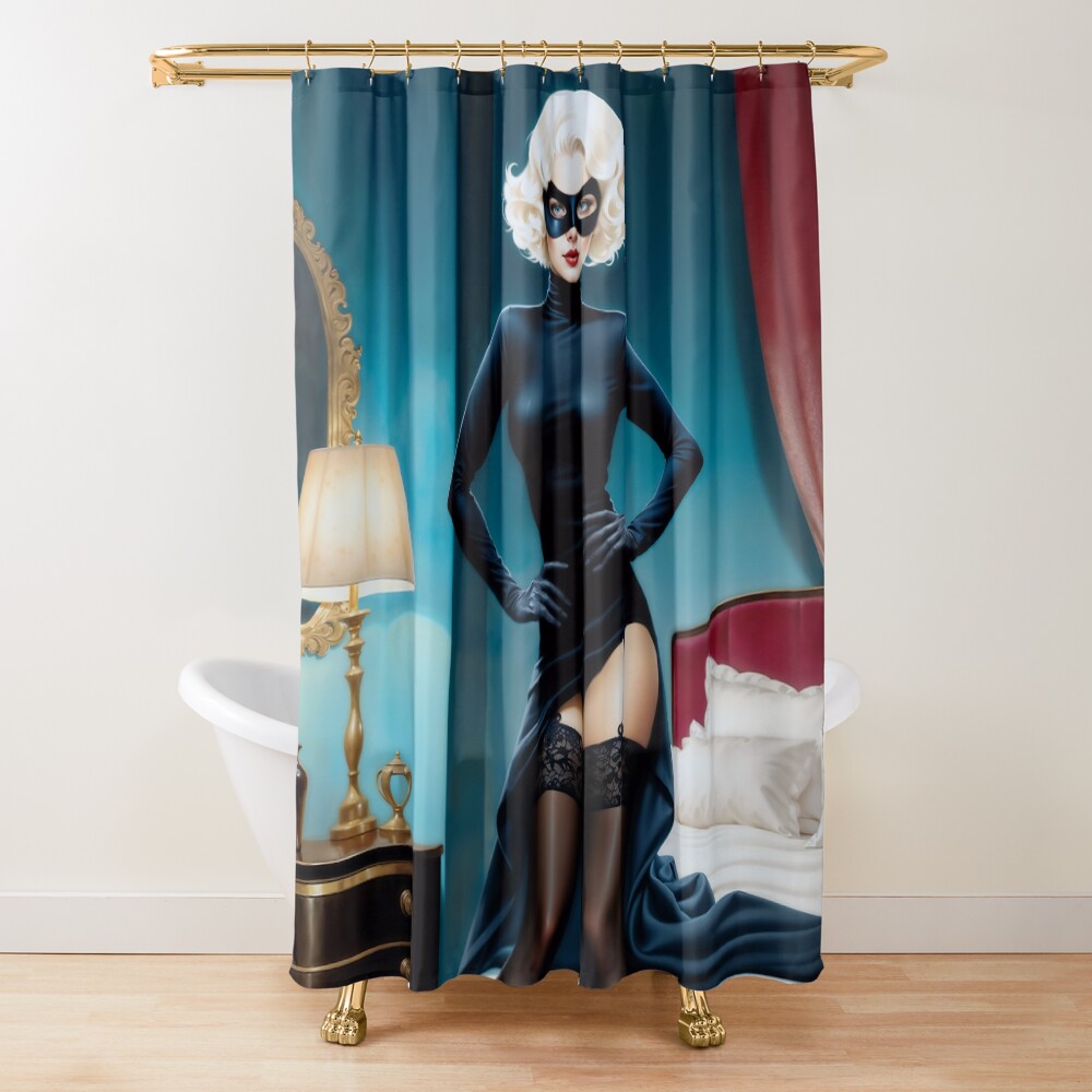 Xyleria Noir Masked Bedroom Pinup Girl Illustration Intriguing AI Concept Art by Xzendor7 Decorative Art Print Shower Curtain