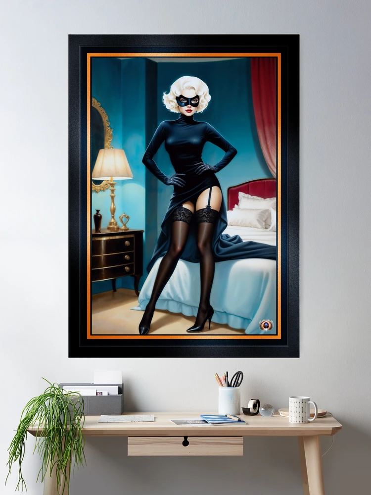 Xyleria Noir Masked Bedroom Pinup Girl Illustration Intriguing AI Concept Art by Xzendor7 Room Decor Poster Art Print
