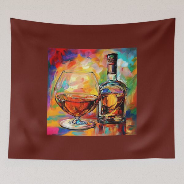 Item preview, Celebrate Sophisticated Enjoyment - Brandy Glass and Bottle Amid Vibrant Multicolored Energy designed and sold by OlfactoART Studio.