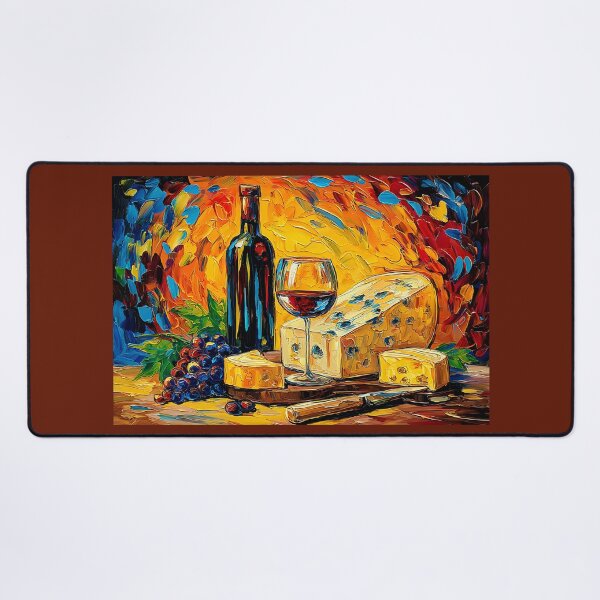 Item preview, Wine and Cheese Delight in Bold Color - Vibrant Still Life with Red Wine, Grapes, and Artisan Cheese designed and sold by OlfactoART Studio.