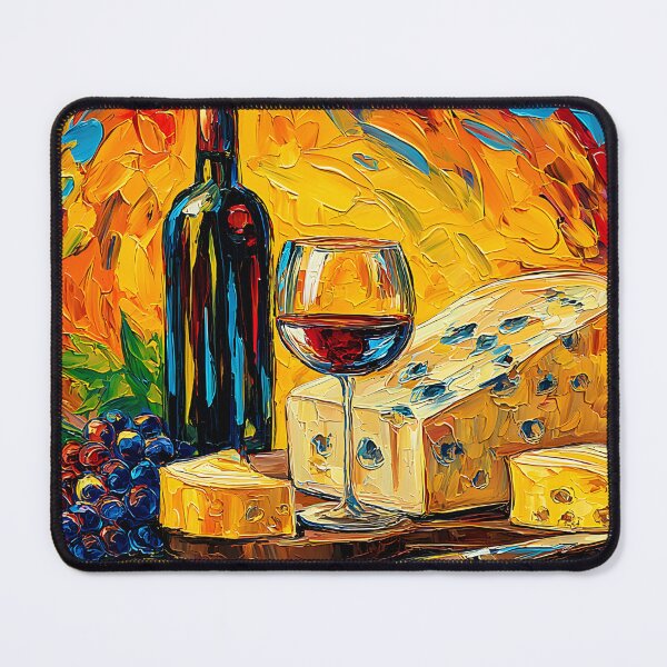 Item preview, Wine and Cheese Delight in Bold Color - Vibrant Still Life with Red Wine, Grapes, and Artisan Cheese designed and sold by OlfactoART Studio.