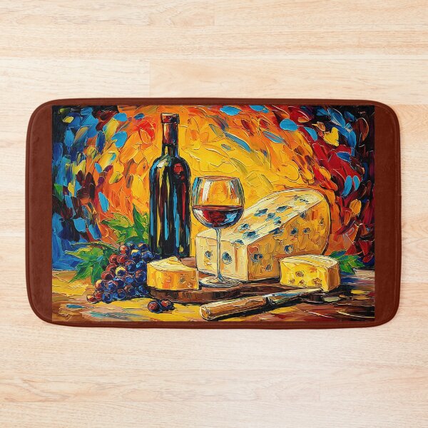Item preview, Wine and Cheese Delight in Bold Color - Vibrant Still Life with Red Wine, Grapes, and Artisan Cheese designed and sold by OlfactoART Studio.