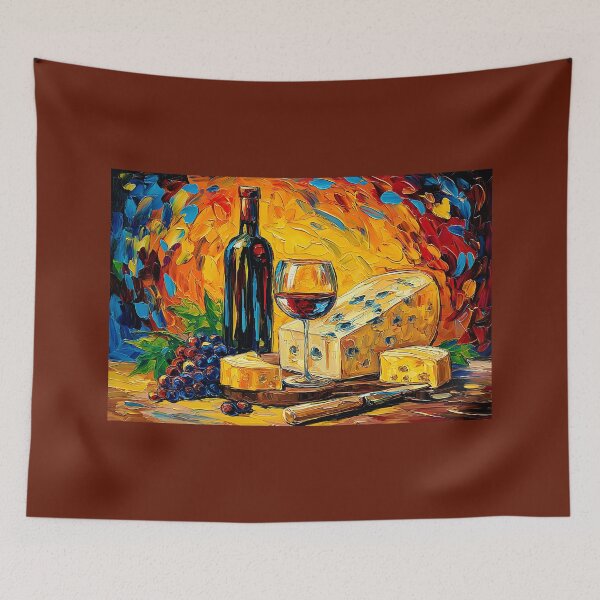 Item preview, Wine and Cheese Delight in Bold Color - Vibrant Still Life with Red Wine, Grapes, and Artisan Cheese designed and sold by OlfactoART Studio.