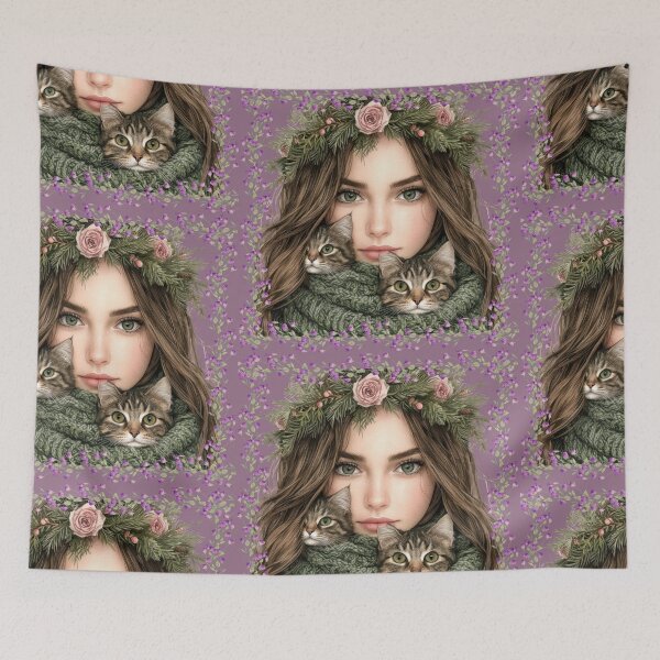 Item preview, Girl with Flower Crown and Kittens in Cozy Scarf designed and sold by Angellacelin.