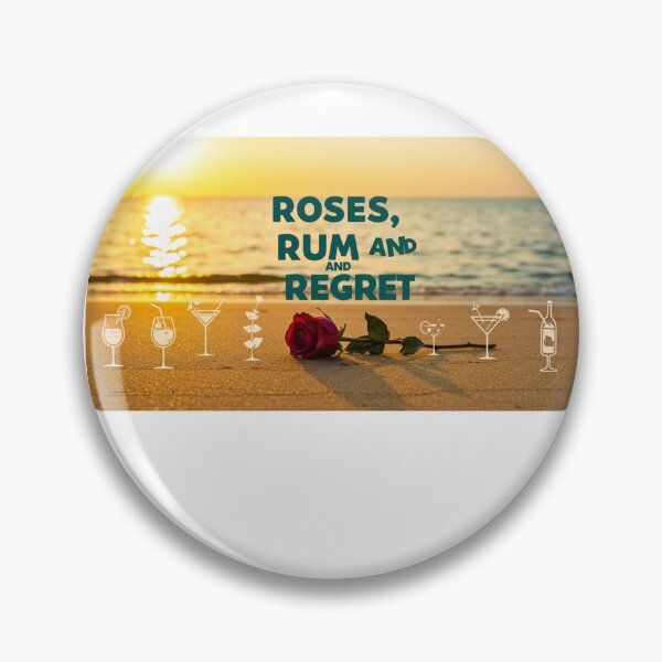 Item preview, Beach background with drink icons, a wilted rose, and the phrase “Roses, Rum, and Regret” in bold retro script. designed and sold by FitEnvy.