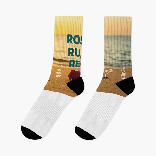 Item preview, Beach background with drink icons, a wilted rose, and the phrase “Roses, Rum, and Regret” in bold retro script. designed and sold by FitEnvy.