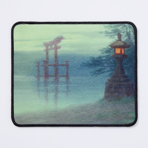 Item preview, Stone lantern on shore and a torii in a lake - vintage illustration designed and sold by KapowStickers.
