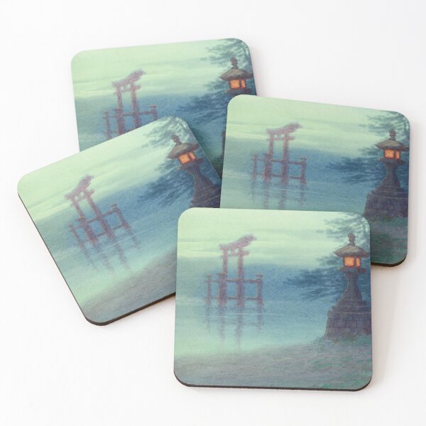 Item preview, Stone lantern on shore and a torii in a lake - vintage illustration designed and sold by KapowStickers.